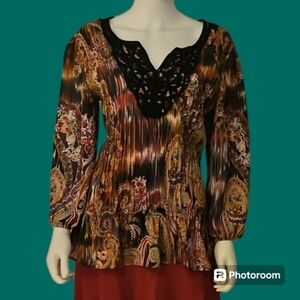 Vtg NEW YORK CITY Design Retro 1970s Paisley Metallic Crochet Peplum Poet Blouse